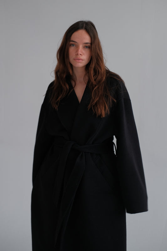 oversize wool robe coat in navy blue