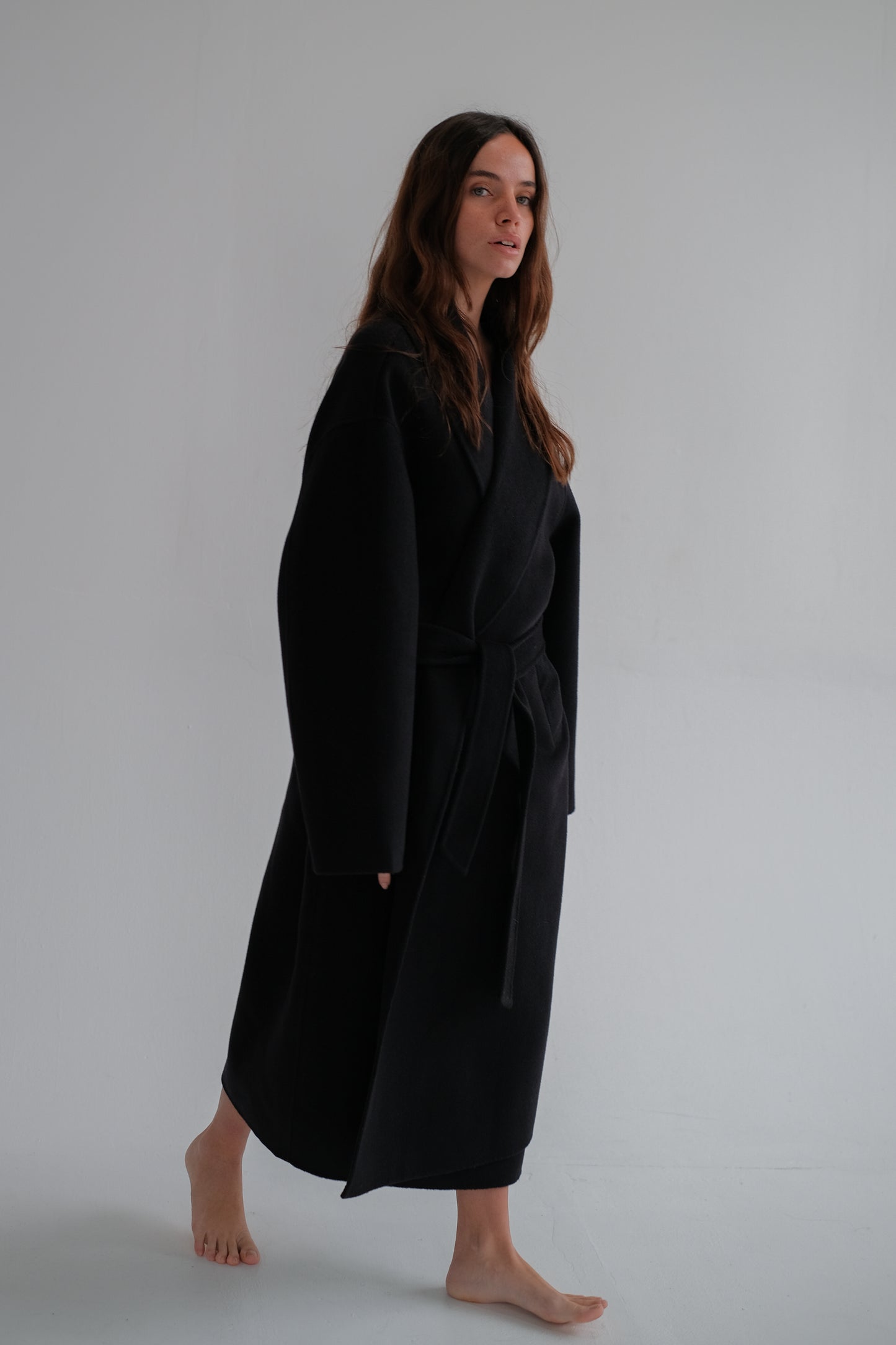 oversize wool robe coat in navy blue