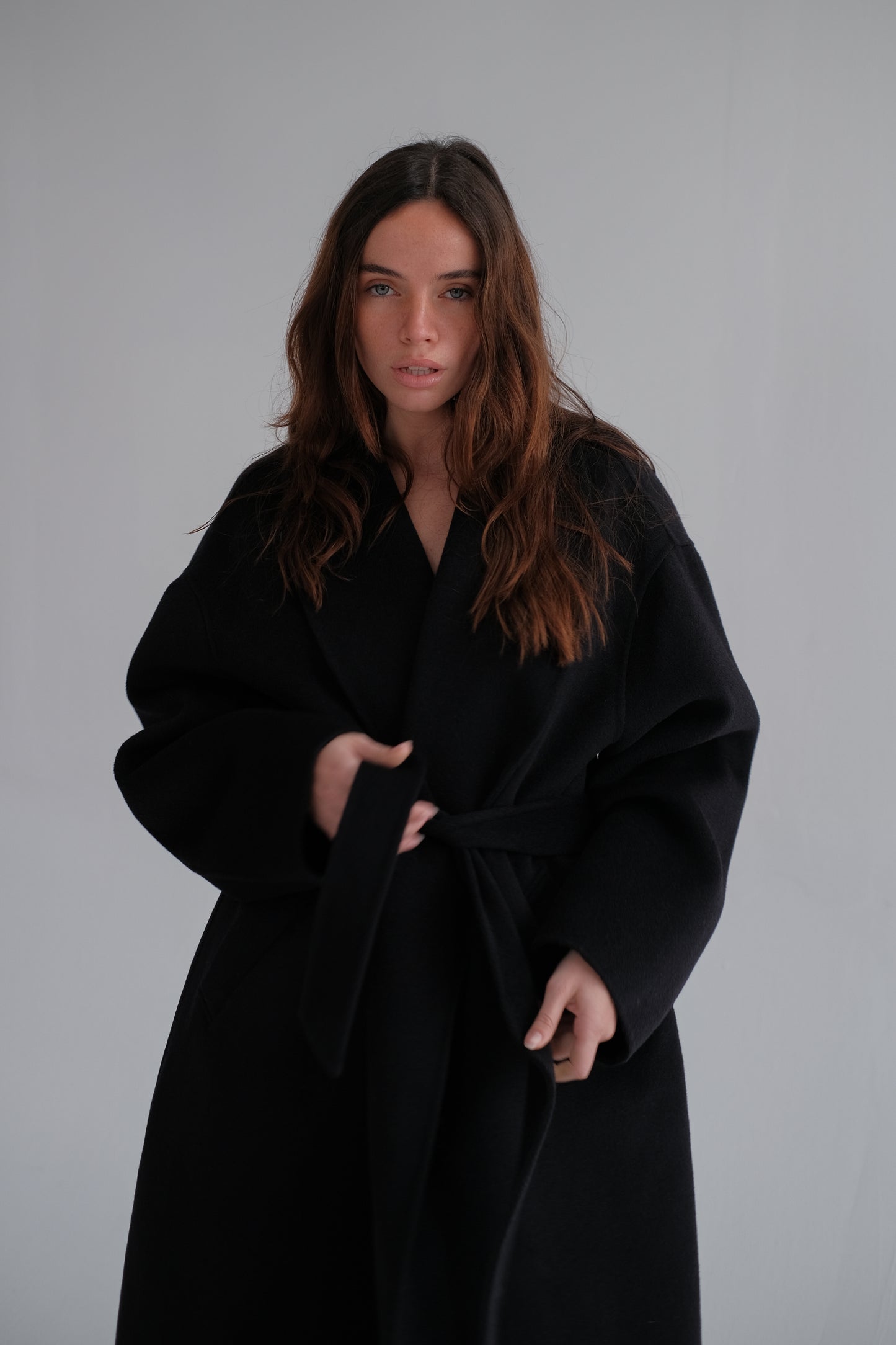 oversize wool robe coat in navy blue