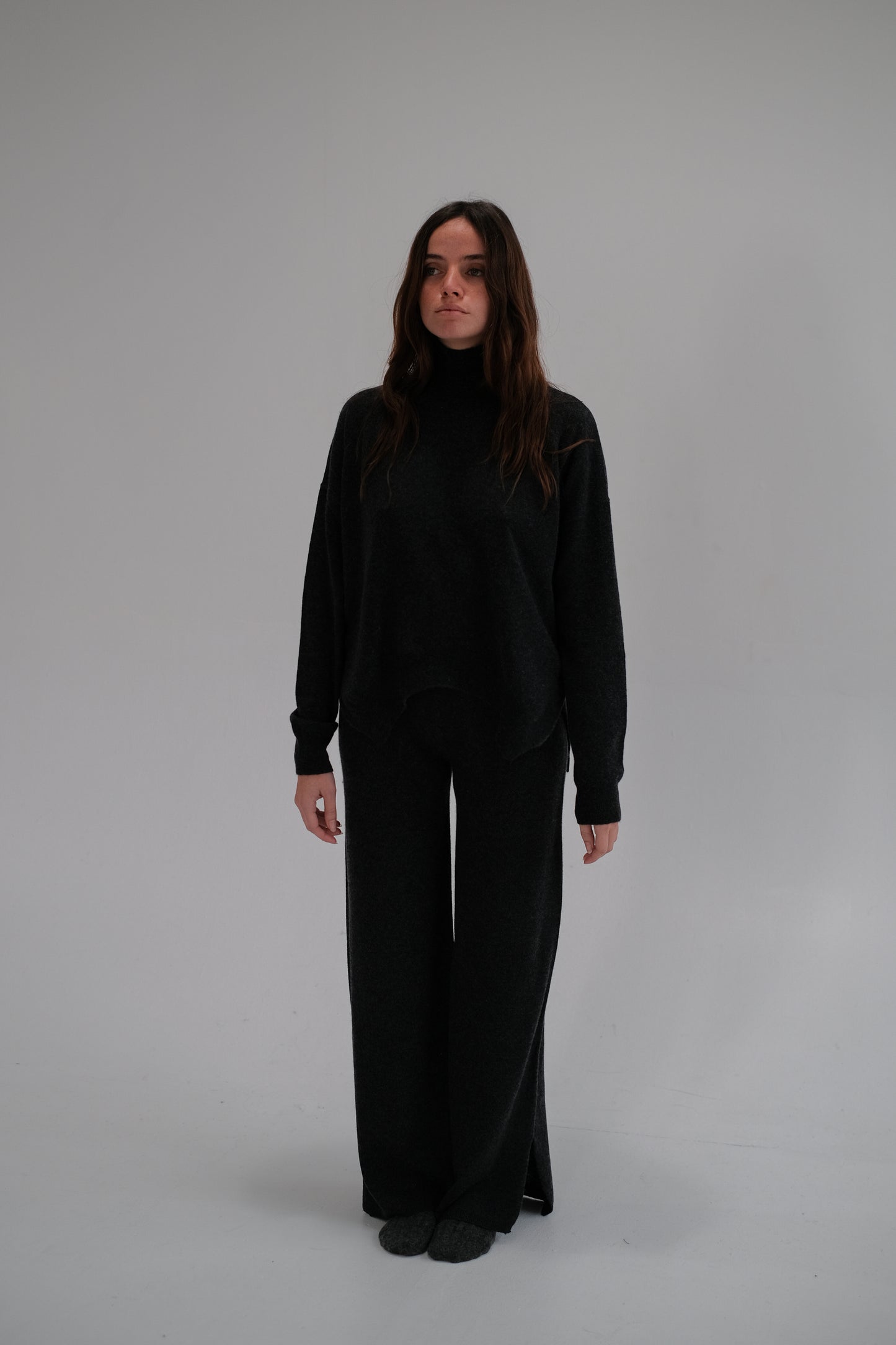flare wool trousers in dark gray
