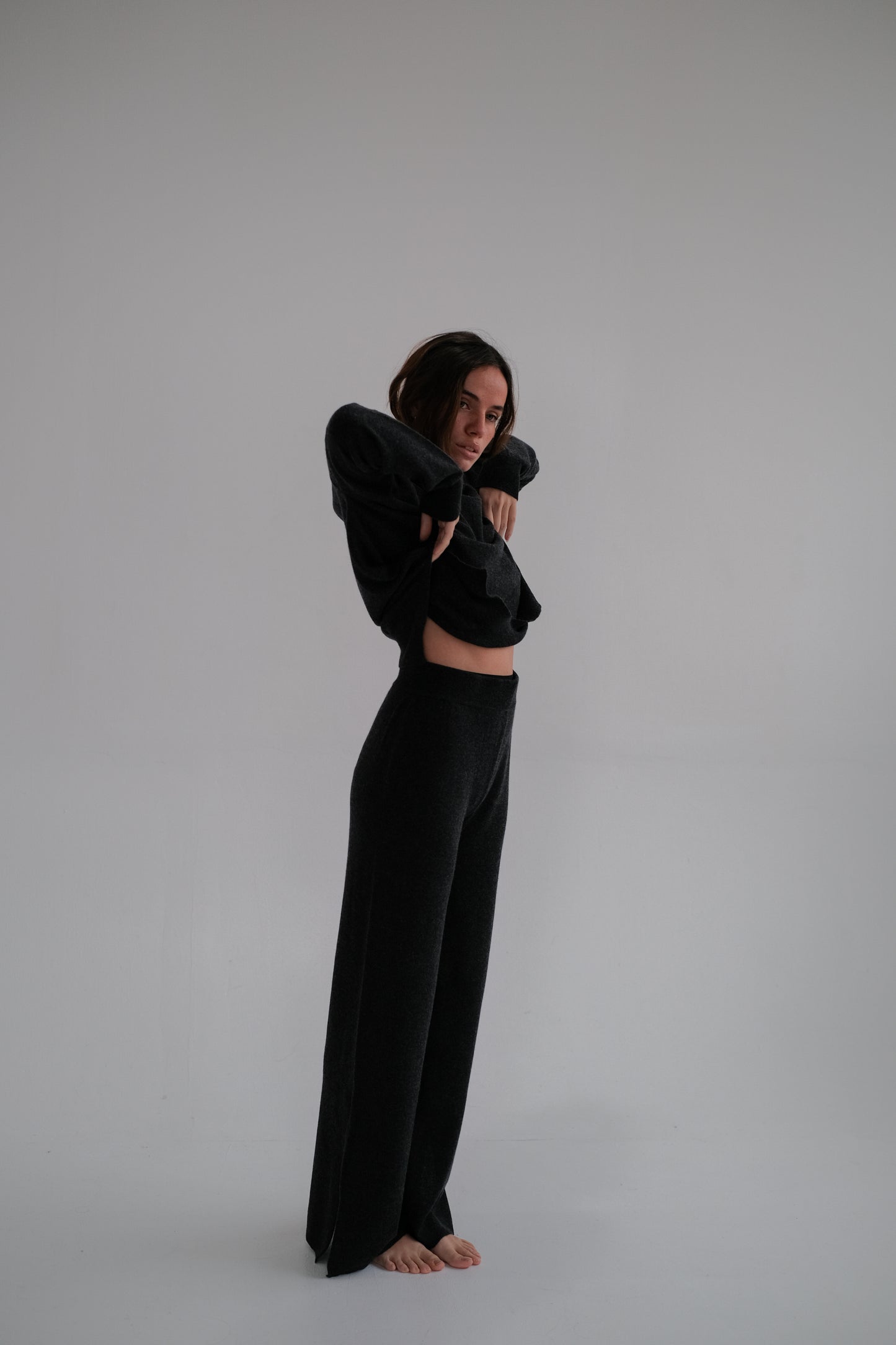 flare wool trousers in dark gray