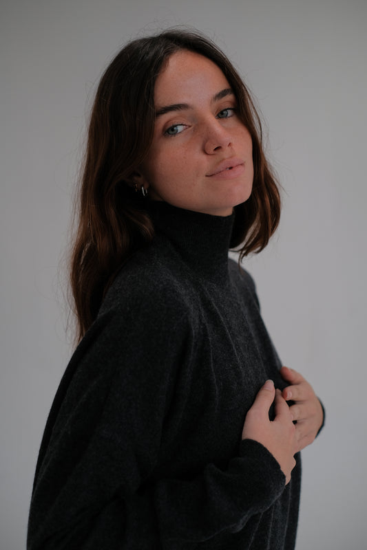 high neck wool sweater in dark gray