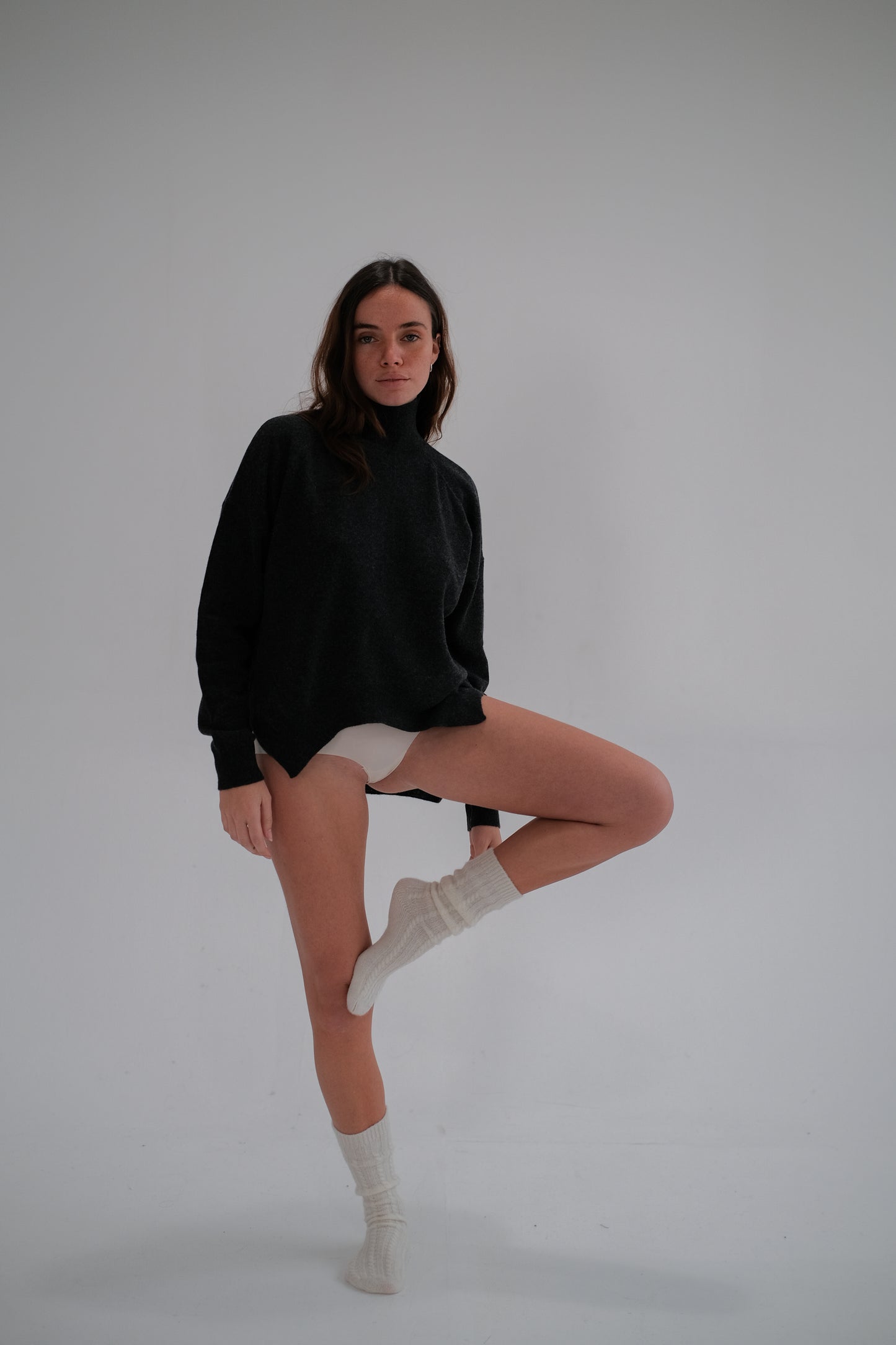 high neck wool sweater in dark gray