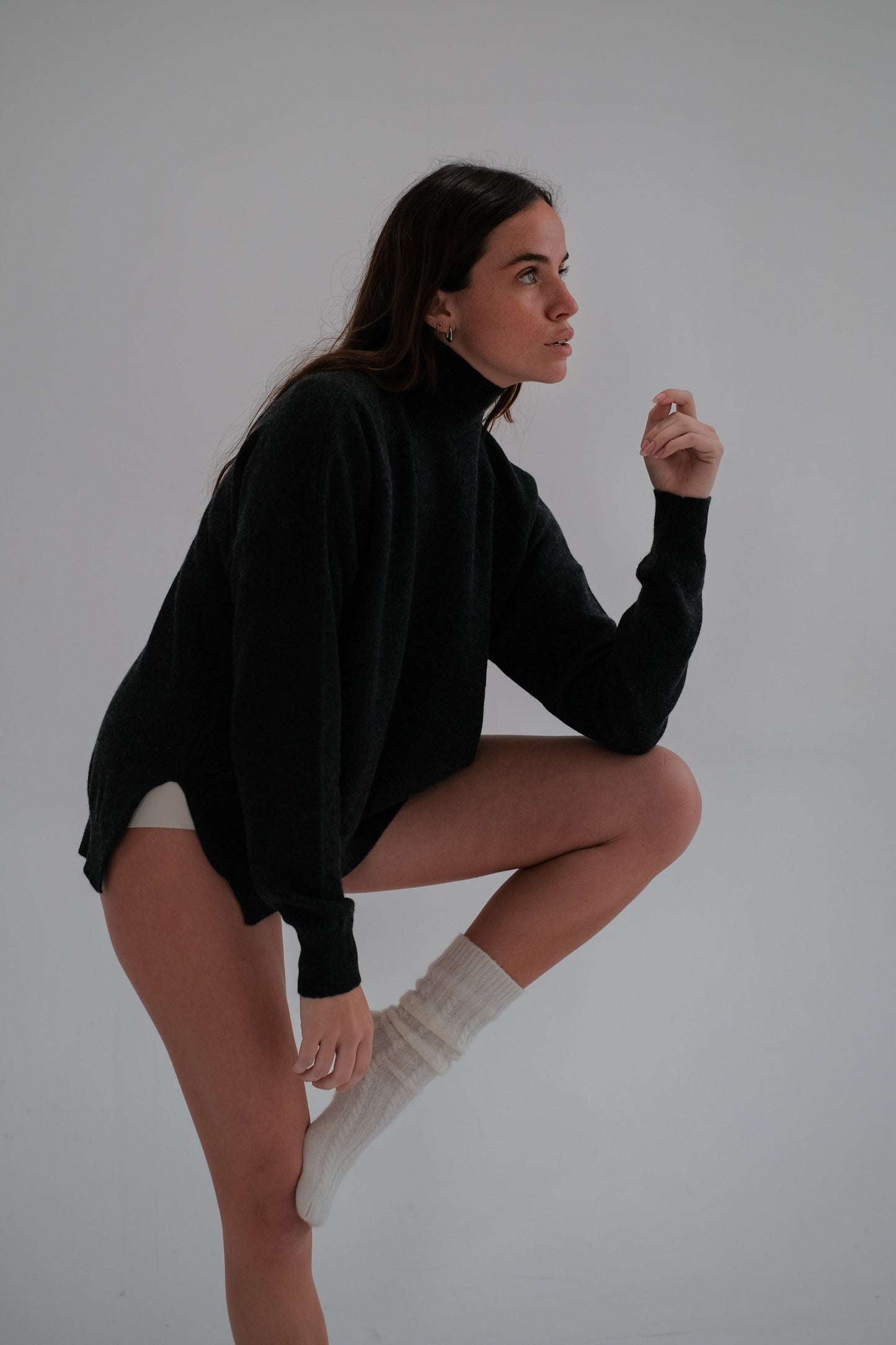 high neck wool sweater in dark gray