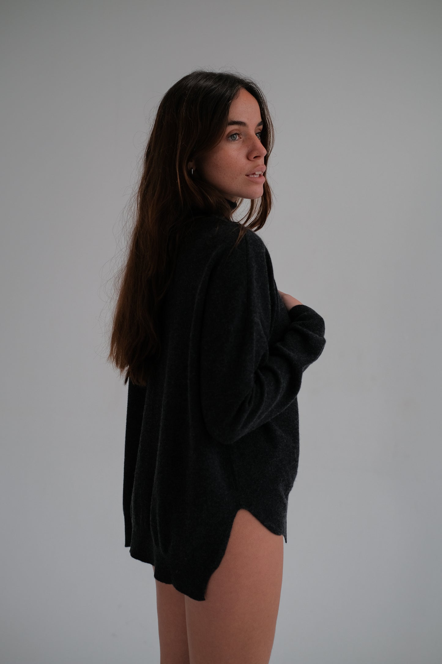 high neck wool sweater in dark gray