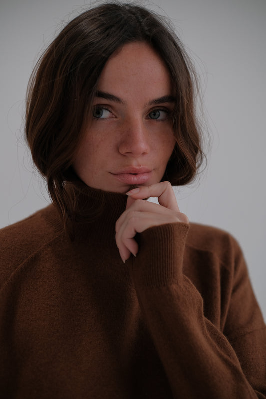 high neck wool sweater in camel