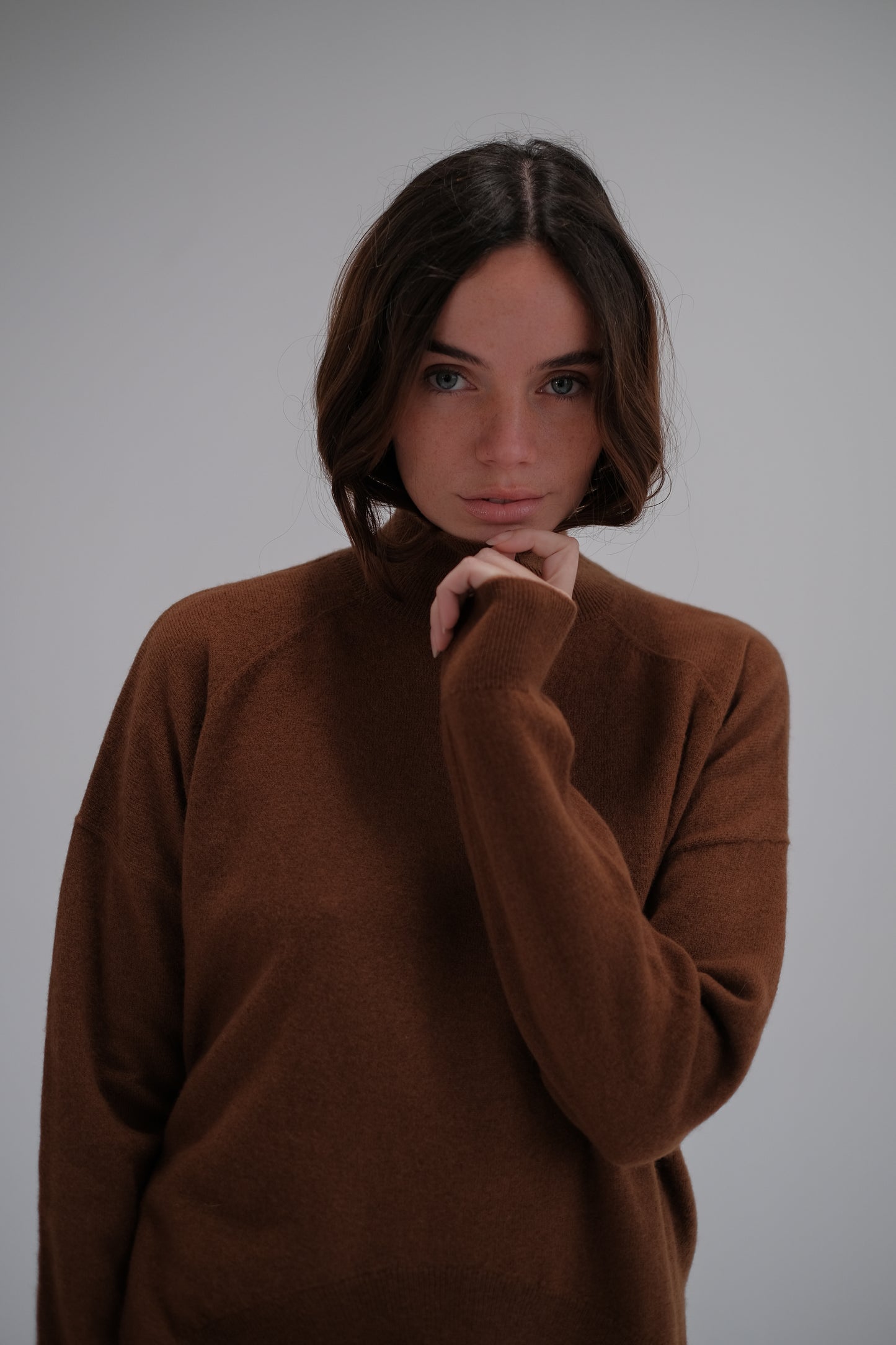 high neck wool sweater in camel