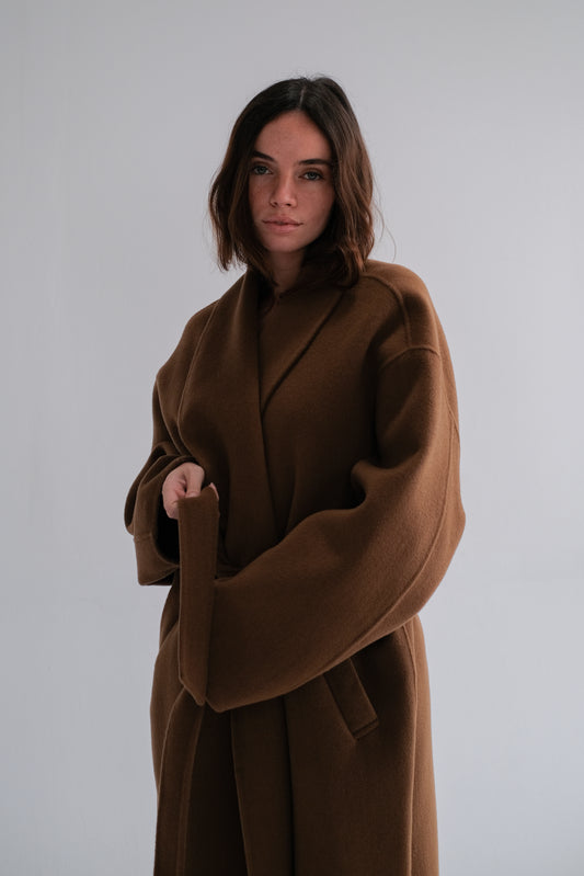 oversize wool robe coat in toffee