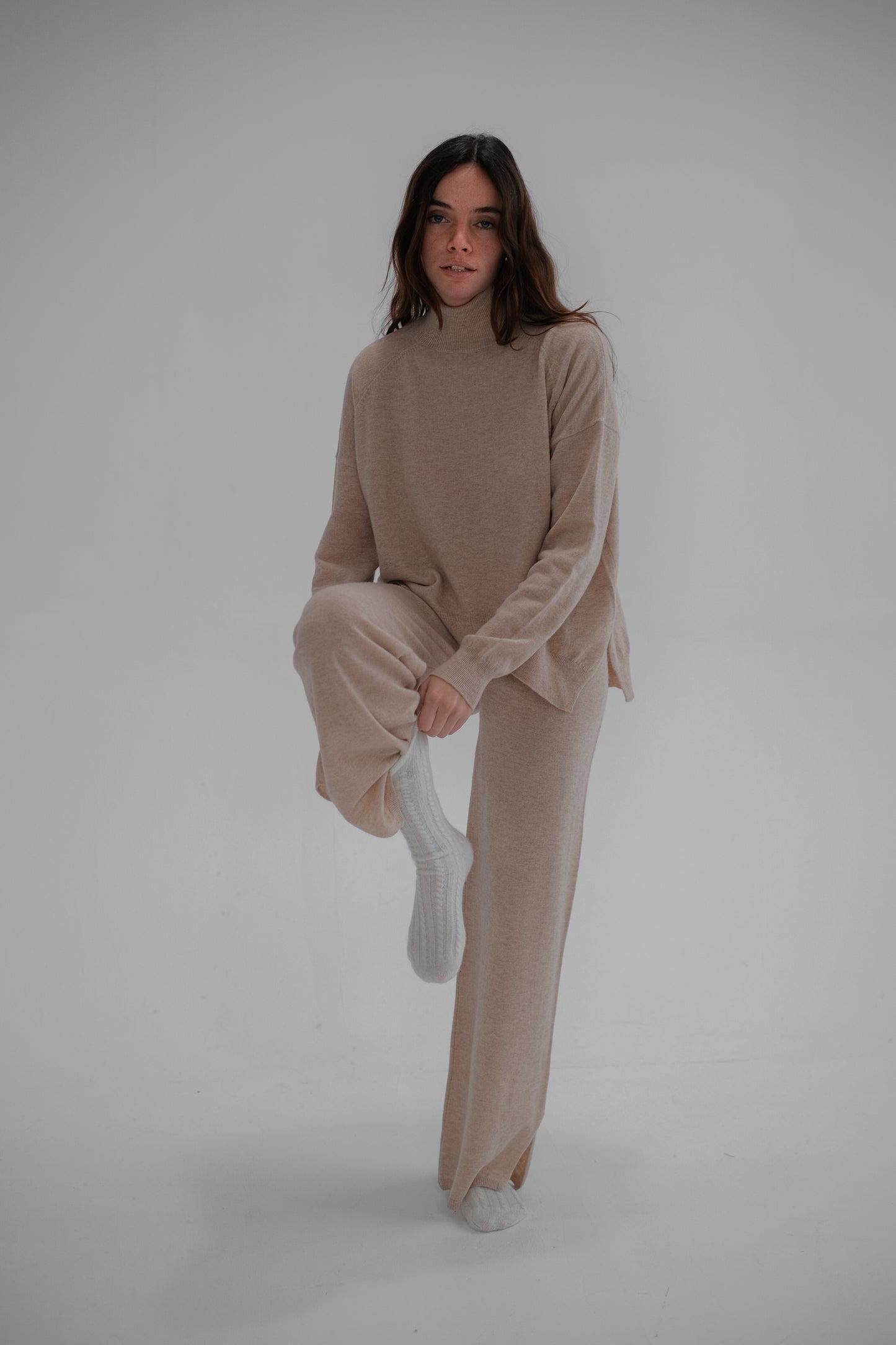 high neck wool sweater in beige