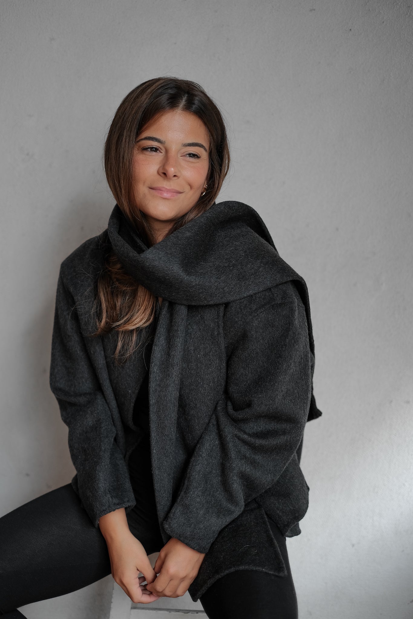 wool scarf coat in dark gray