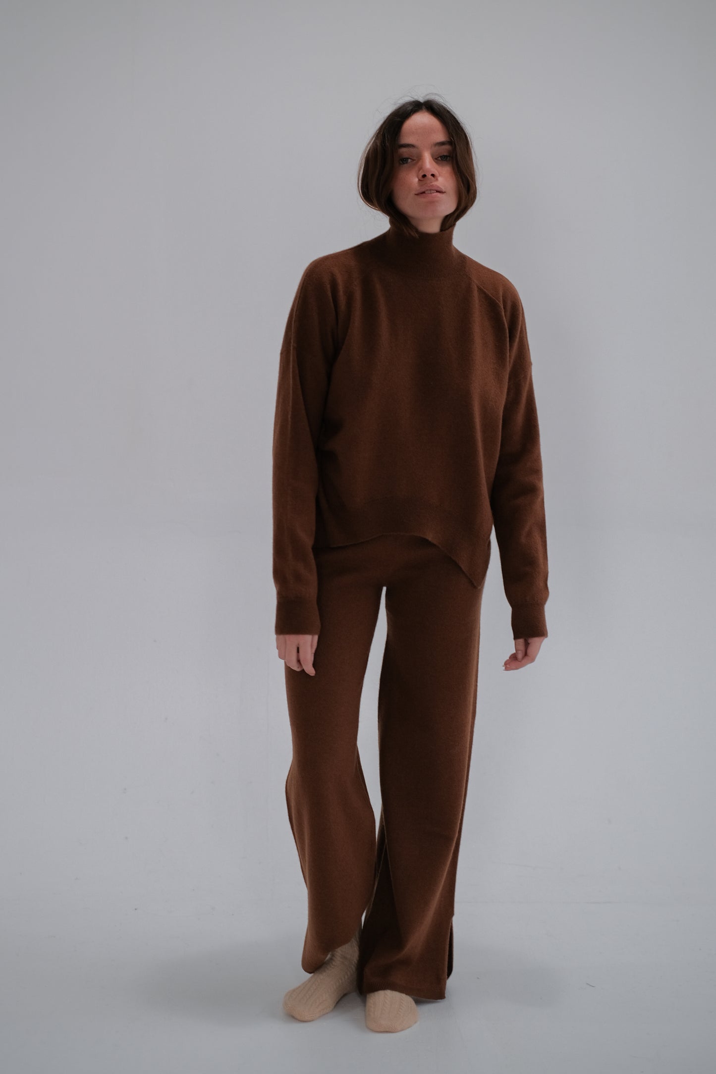 high neck wool sweater in camel